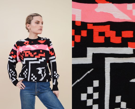Vintage 80s Geometric Sweater | Neon Ski Sweater W