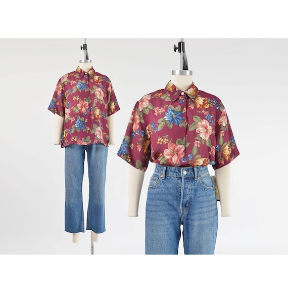 Burgundy Sheer Floral Blouse Size Large, 90s Vintage Short Sleeve 