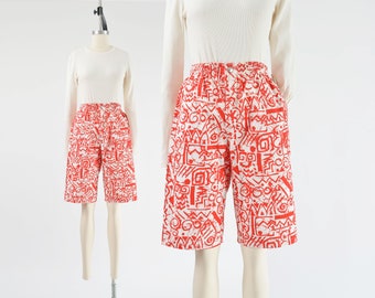 Original Madewell Batik Print Cotton Shorts 80s Vintage High Waisted Long Knee Length Shorts Red and White XS S