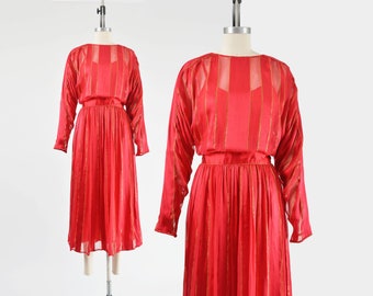 Red Striped Silk Satin Dress 80s Vintage Metallic Gold Sheer Blouson Dolman Sleeve Party Disco Dress size M