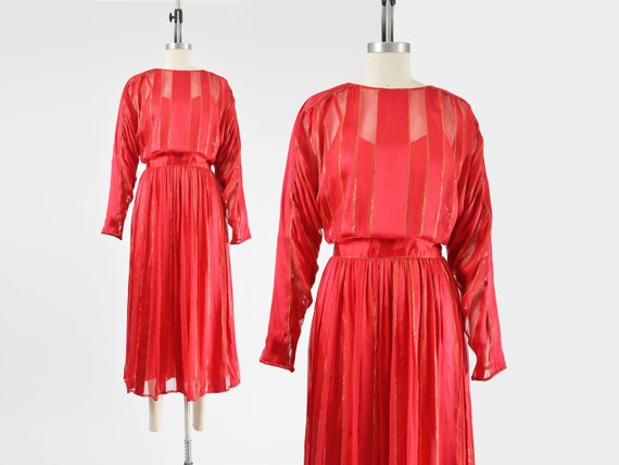 Red Striped Silk Satin Dress 80s Vintage Metallic… - image 1