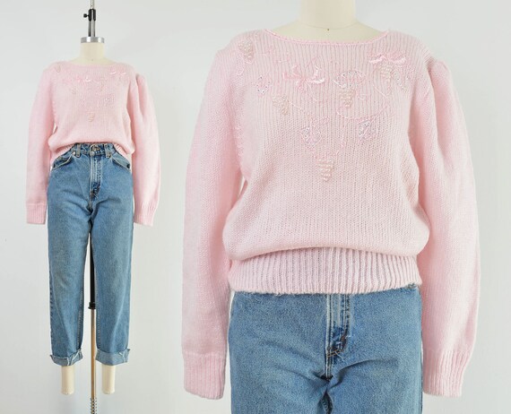 Pastel Pink Sweater 80s Vintage Beaded 