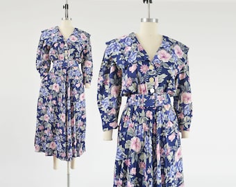 Blue Floral Dress 80s Vintage Cute Cottagecore Shawl Collar Full Midi Dress with Pockets and Belt size M