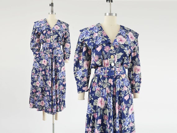 Blue Floral Dress 80s Vintage Cute Cottagecore Sh… - image 1