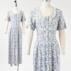 Blue Floral Maxi Dress size Medium | 90s Vintage Pastel White Lace Collared Button Front Dress Long Cottagecore Dress M