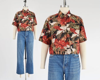 Jungle Leaf Print Cropped Shirt 90s Vintage Tropical Safari Collared Button Down Crop Top size M L