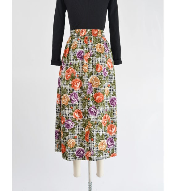 Plaid Floral Skirt size M L | 80s Vintage Black a… - image 6