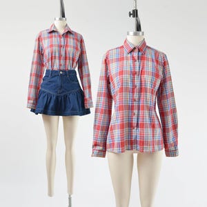 Metallic Plaid Blouse size S M | Vintage 80s Red and Blue Cotton Blend Western Shirt Collared Button Down Blouse