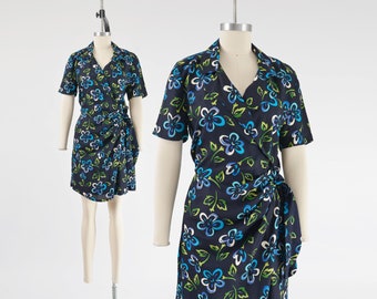 Floral Wrap Around Romper 90s Vintage Sarong Tie Waist Shorts Playsuit Navy Blue Green size Small