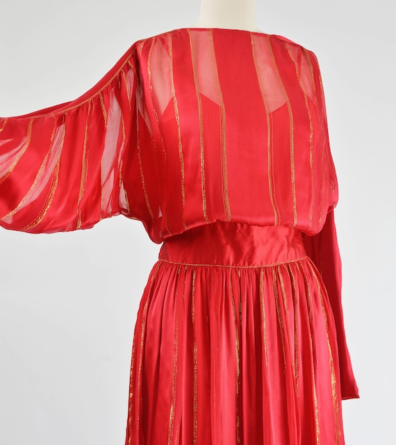 Red Striped Silk Satin Dress 80s Vintage Metallic… - image 4