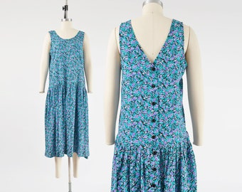 Floral Drop Waist Dress 90s Vintage Button Down Back Loose Fit Dress Sleeveless Tank Sundress Black and Teal size S M