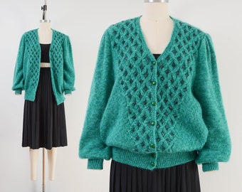 Green Mohair Sweater | Beaded Button Down Cardigan Puff Sleeve Sweater made in Italy size M L