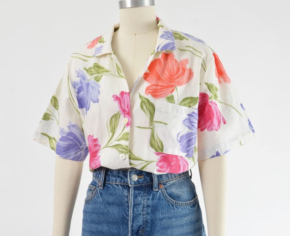 White Linen Cotton Floral Blouse | 90s Vintage Sh… - image 3