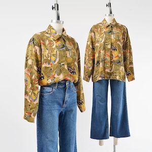 Green Abstract Print Blouse size M L, Vintage 80s Modern Artsy Collared Button Down Shirt