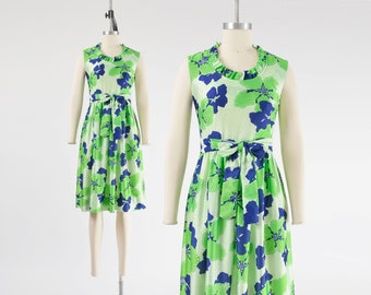 Lime Green Floral Dress 60s 70s Vintage Mod Ruffle Neck Full Skirt Knit Dress with Tie Belt Bow size XS S