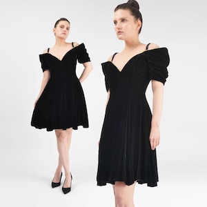 80s Black Velvet Dress size Medium | Vintage Evening Party Dress Fit and Flare Off The Shoulder Mini Dress with Metallic Gold Trim