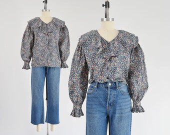 Floral Prairie Blouse 90s Vintage Cotton Cottagecore Shirt Ruffle Collar Puff Sleeve Peasant Top size S M