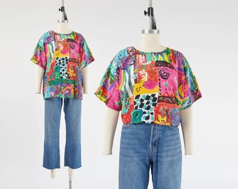 Artsy Novelty Print Top 90s Vintage Colorful Painterly Slouchy Fit Dolman Sleeve Blouse size M L