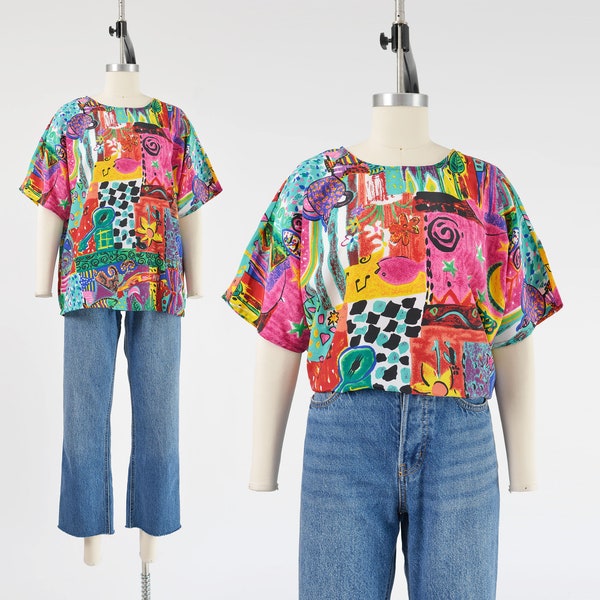 Artsy Novelty Print Top 90s Vintage Colorful Painterly Slouchy Fit Dolman Sleeve Blouse size M L