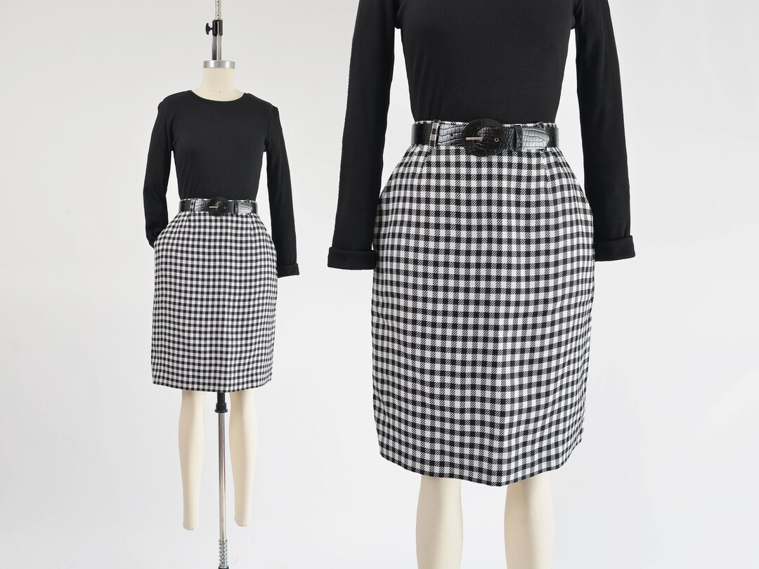 Black and White Checkered Skirt Vintage 80s Classic High Waisted Knee