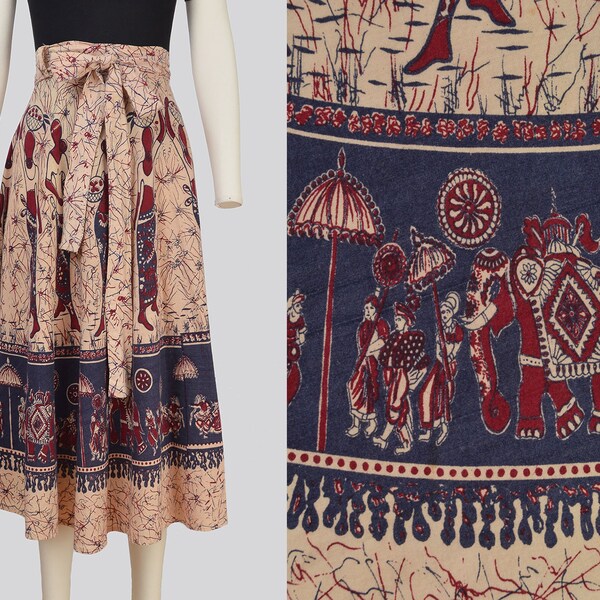 Vintage 70s Ethnic Wrap Skirt | Bohemian ELEPHANT Block Print Cotton Midi Skirt | size Medium 28 - 30