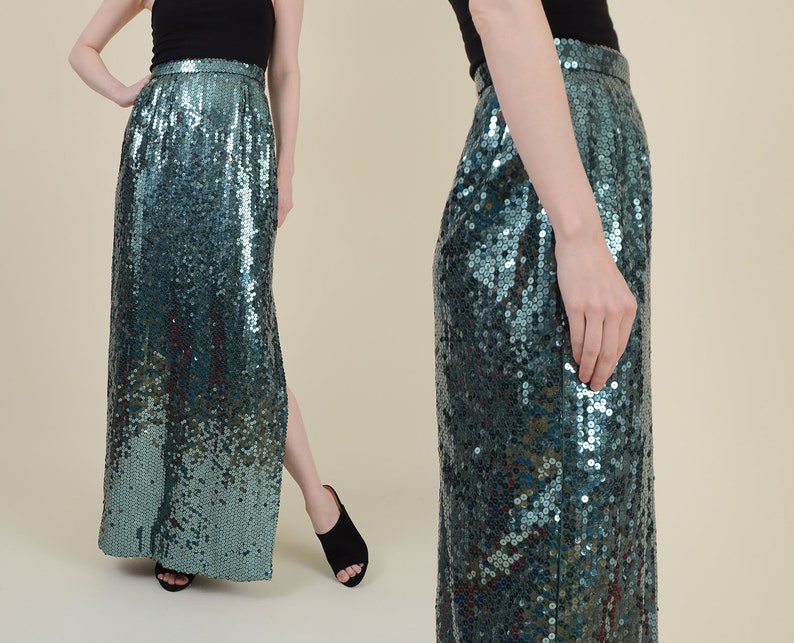 Green Sequin Skirt size XS S 25 waist Vintage 80s Guy Laroche Skirt High Waist Maxi Skirt with Slit