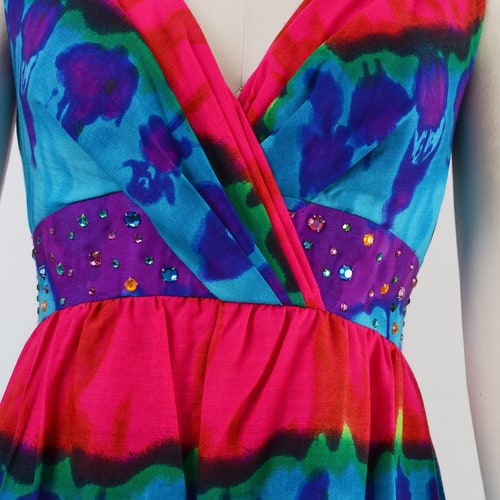 Tie Dye shops Jumpsuit | 60s 70s Vintage Wide Leg Palazzo Jumpsuit | Psychedelic Cocktail Party Jumpsuit with Rhinestones size XS S