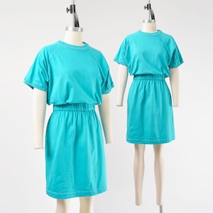 Turquoise T-shirt Dress size S M | Vintage 90s Blouson High Waisted Cotton Jersey Knit Tee Dress