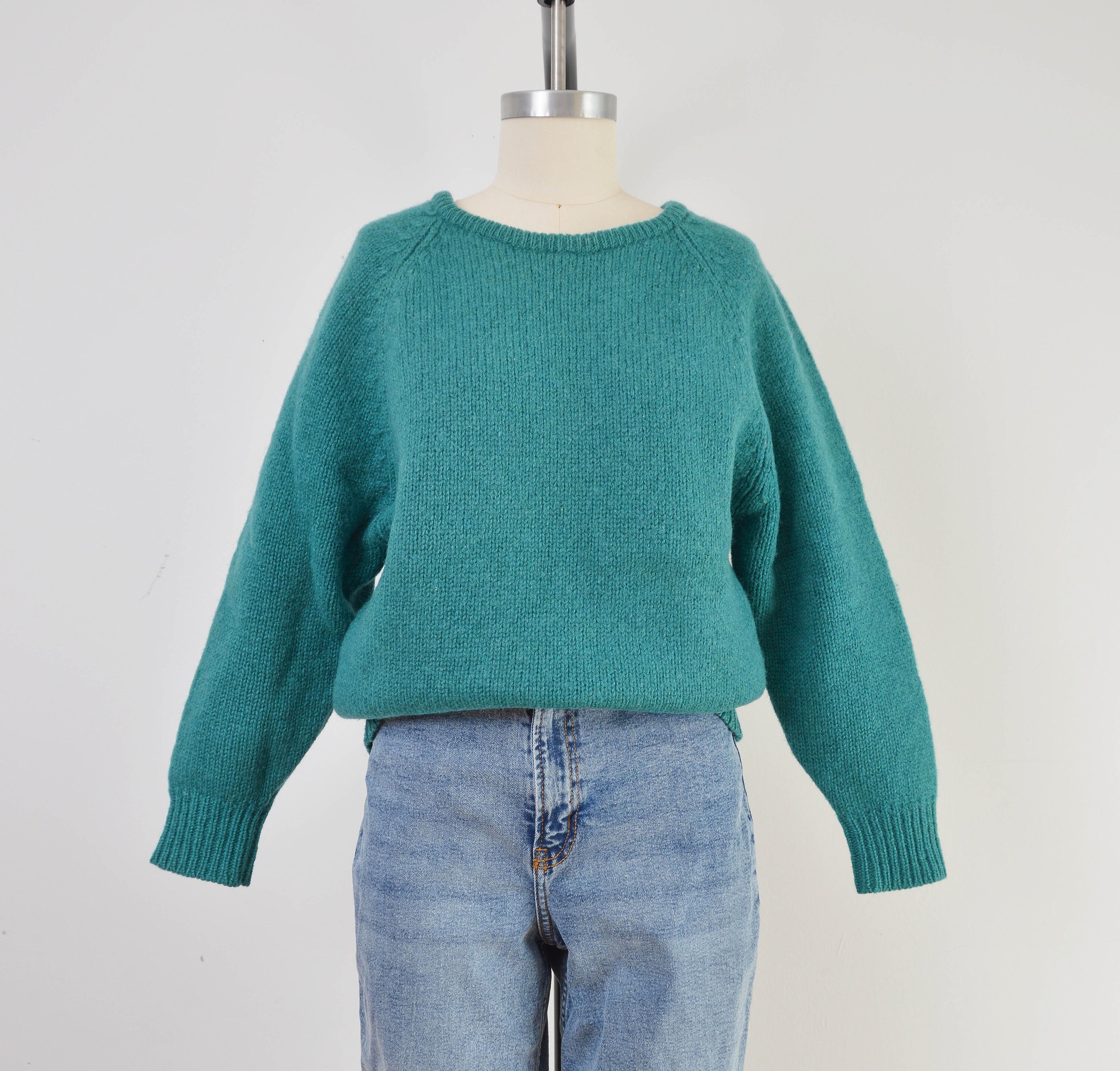 SHOPPOMPOMVINTAGE Teal LL Bean Sweater | 80s Vintage Shetland Wool Raglan Sleeve Minimal Crewneck Sweater