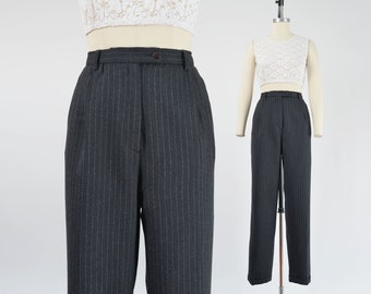 Vintage 80s 90s Dark Gray Wool Pinstriped Pants High Waisted Pleated Front Tapered Leg Trousers size M 29 waist