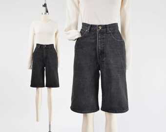 Black Jean Shorts 90s Vintage High Waisted Mom Jean Knee Length Shorts size M 28