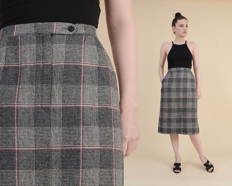 Wool Blend High Waist Pencil Skirt with Pockets Gray Black Red Vintage 70s Checkered Plaid Pencil Skirt size S M 6 8