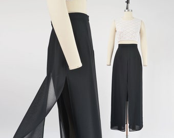 Vintage 90s Black Sheer Layered Pants High Waisted Split Maxi Skirt Palazzo Pants size S