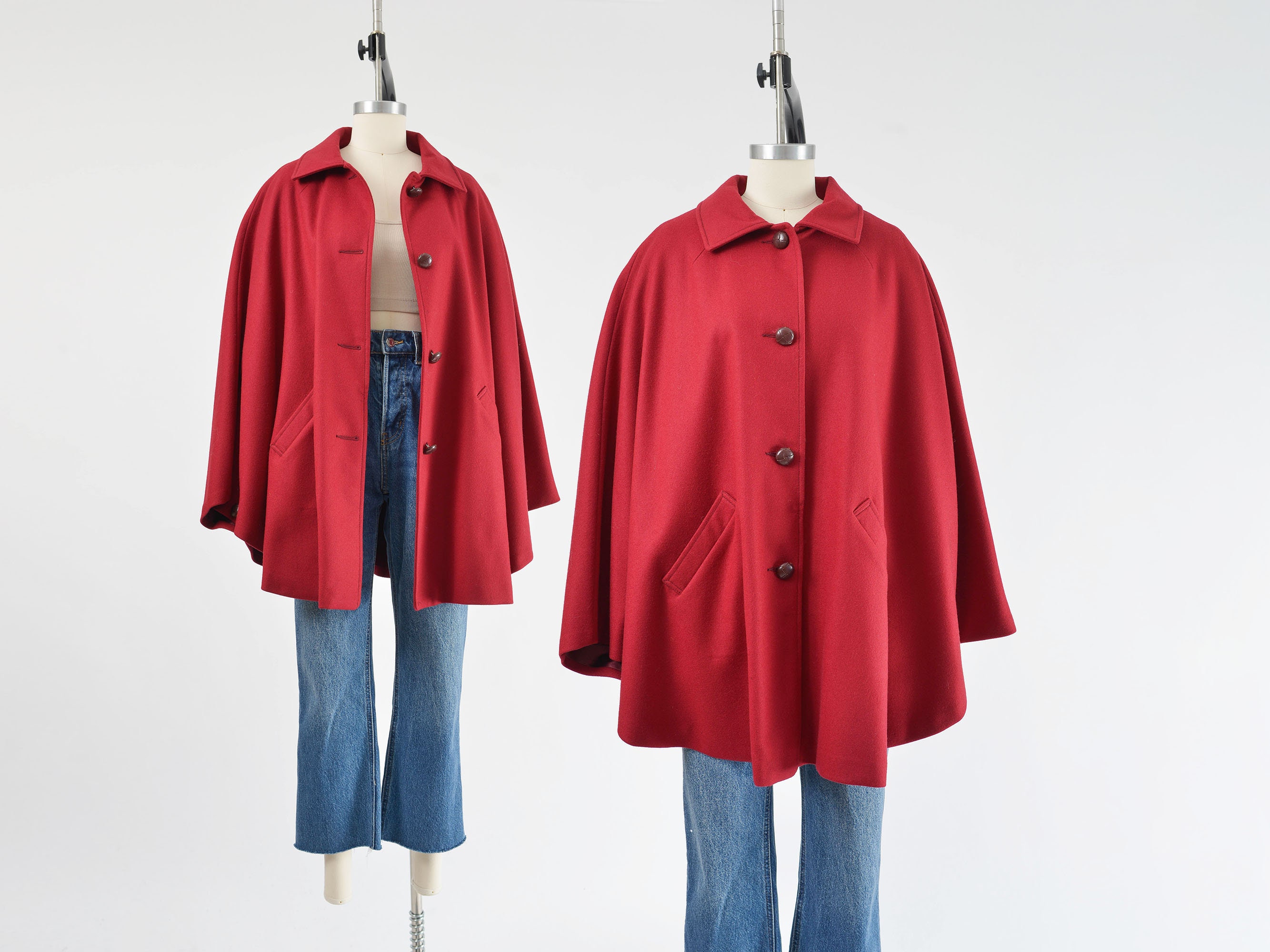 Vintage 80s 90s Eddie Bauer Cranberry Red Wool Cape Button