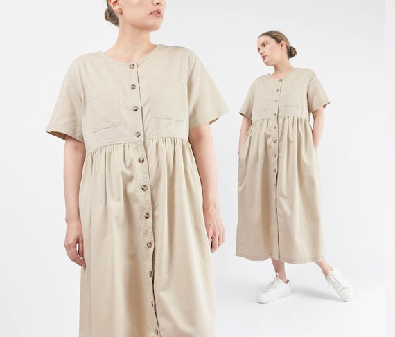 Khaki Cotton Dress 90s Vintage Short Sleeve Butto… - image 1