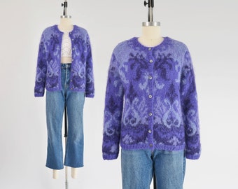 Damask Purple Mohair Cardigan 90s Vintage Fuzzy Hand Knit Button Down Sweater size Small