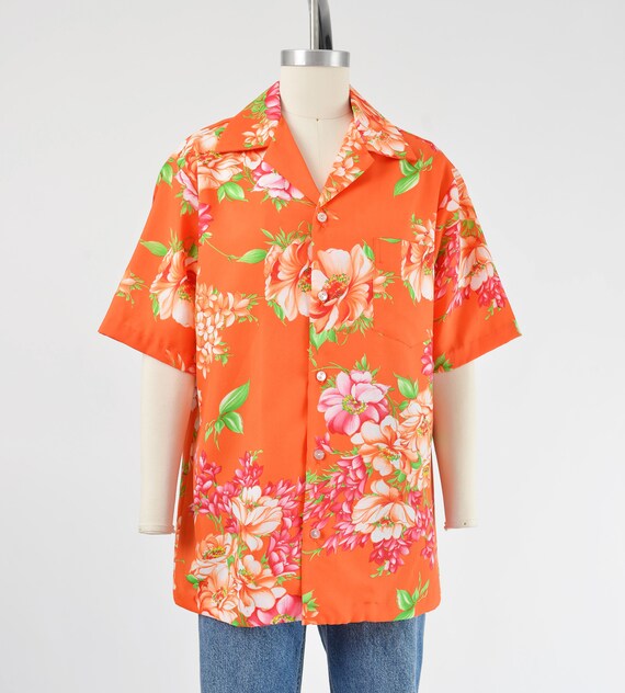 Orange Floral Hawaiian Shirt 70s Vintage Hilo Hat… - image 3