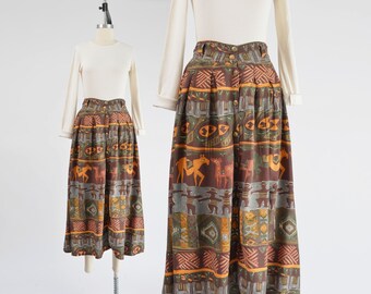 René Derhy Boho Skirt 80s Vintage Novelty Ethnic Print Skirt Full Button Front Skirt size M L