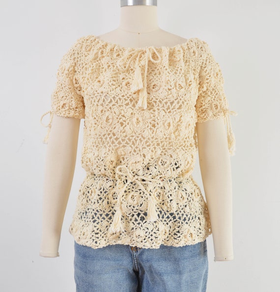 Cream Crochet Top size S M | 70s Vintage Boho Flo… - image 3