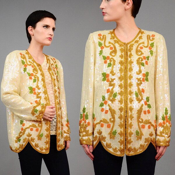 Vintage 80s Silk Ivory Sequined Jacket Art Nouveau Deco Blouse Floral Beaded Cocktail Party Kimono Jacket