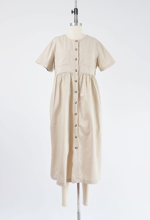 Khaki Cotton Dress 90s Vintage Short Sleeve Butto… - image 6