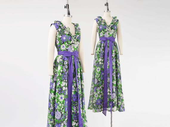 purple and green maxi dress 70s Floral XS S | Vintage & Cotton V-neck Ruffled Prairie Gown | Garden Party Miss Elliette Dress staff-discount-collection