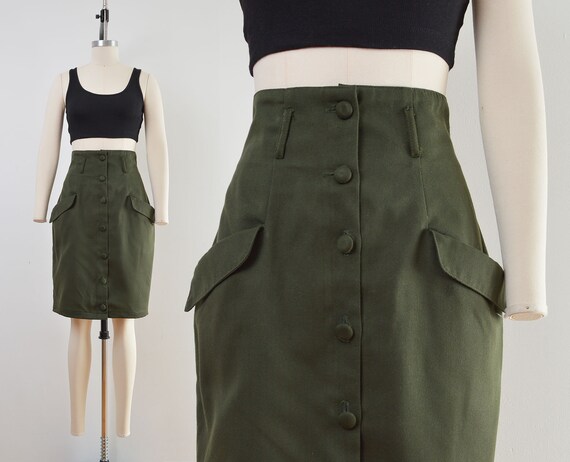 Olive Green Skirt 80s Vintage Button Front Pencil Skirt With - Etsy Denmark