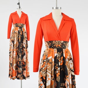 Psychedelic Maxi Dress size XS S | Vintage 70s Floral Orange Rhinestone Evening Dress Long Formal Dress