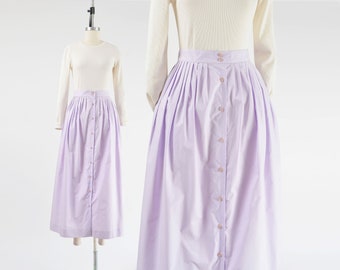 Lavender Purple Cotton Skirt 80s Vintage High Waisted Full Ankle Length Button Front Skirt with Pockets size S