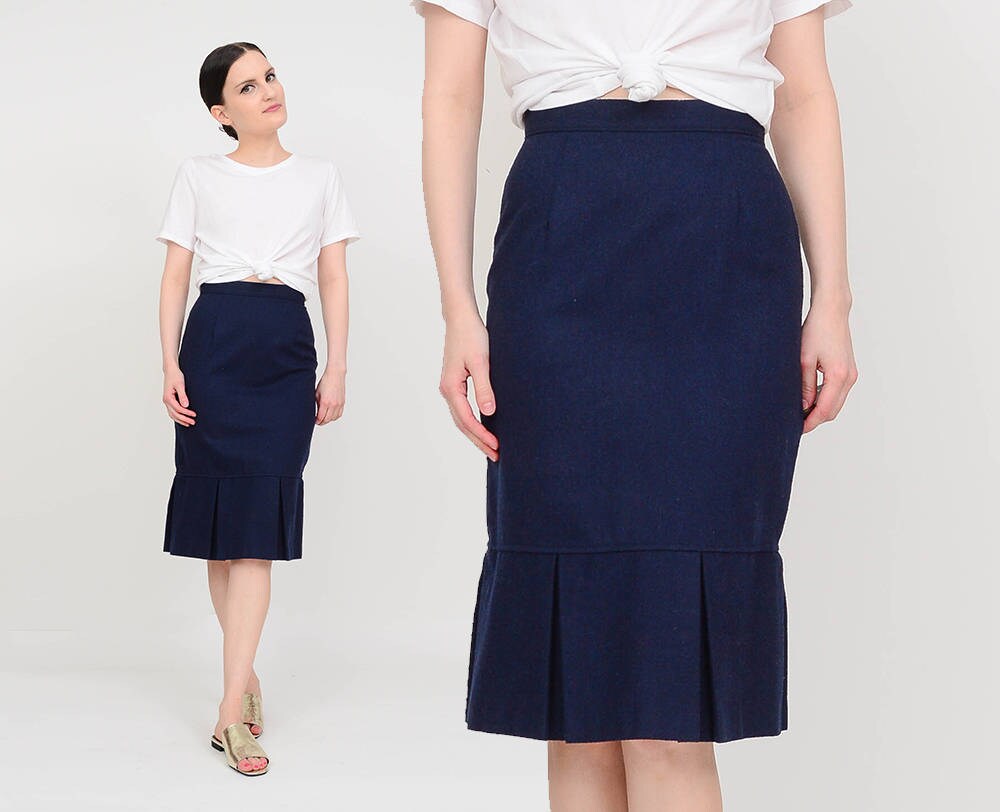 Vintage 70s Navy Skirt Wool Skirt Wiggle Skirt Knee | Etsy