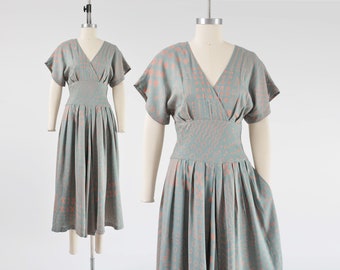 Sage Green Batik Print Dress 90s Vintage Button Down Back Flowy Full Pleated Dress with Pockets size S