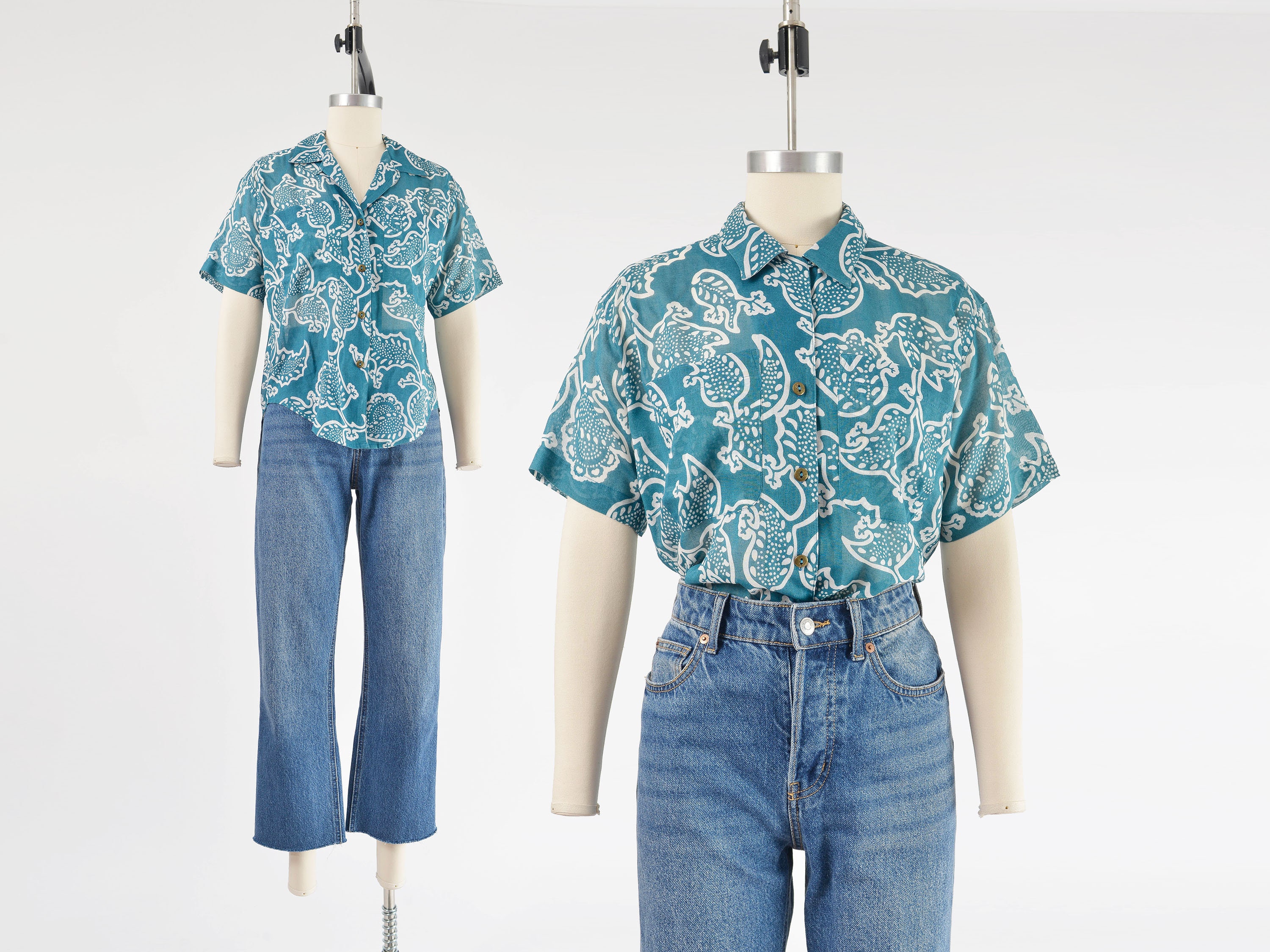 Boho Paisley Shirt 80s Vintage Sheer Cotton Top Collared Button 