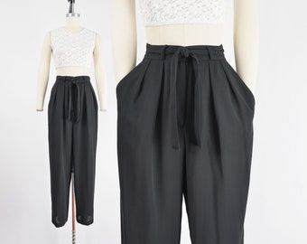 High Waisted Black Trousers 90s Vintage Pleated Front Tapered Leg Pants with Tie Belt size Small