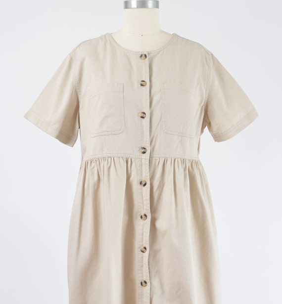 Khaki Cotton Dress 90s Vintage Short Sleeve Butto… - image 7